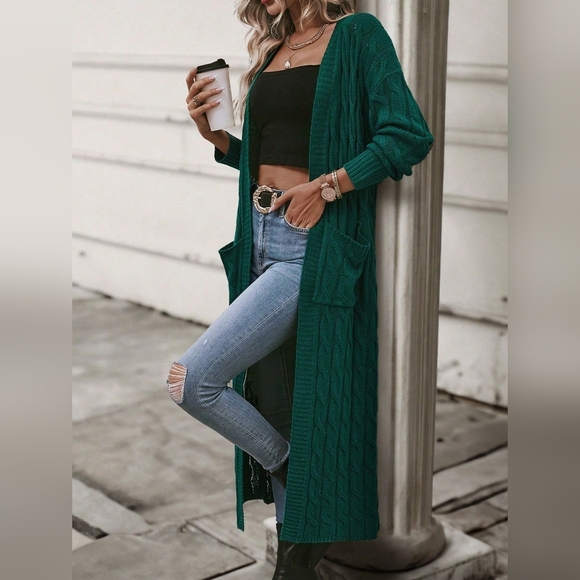 Dual Pocket Drop Shoulder Cable Knit Duster Cardigan - Picture 2 of 4